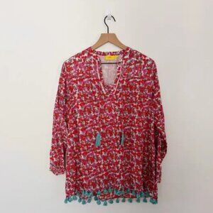 Roller Rabbit Women's Red Pink Floral Tassel Tunic Size Medium M